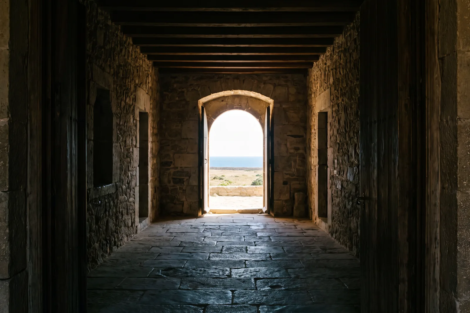 A dark stone passage under timber beams, opening onto daylight and sea.